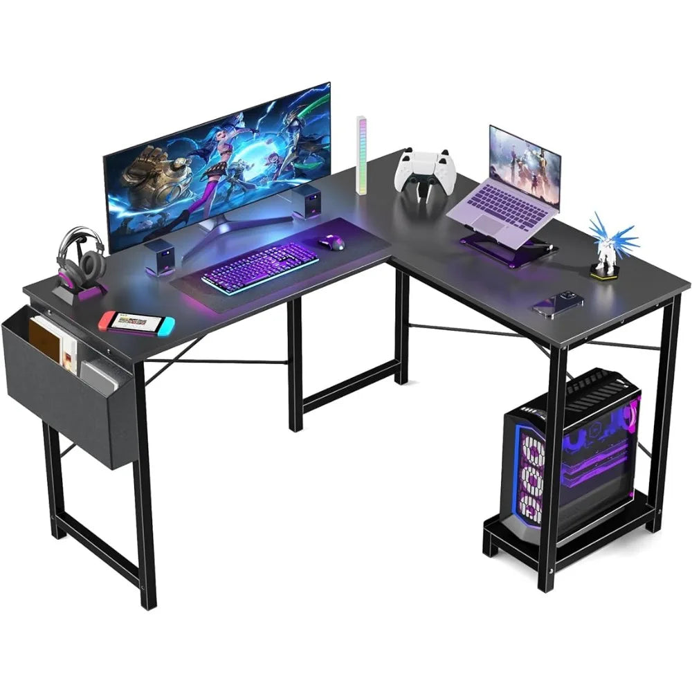 L Shaped Computer Desk Wood Corner PC Gaming Table with Side Storage Bag