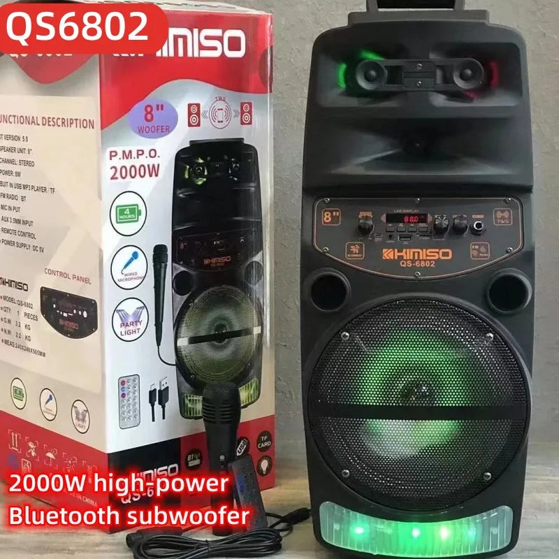 2000W High-power Outdoor Speaker LED Trolley Case Portable FM Radio Bluetooth Boombox with Wired Microphone