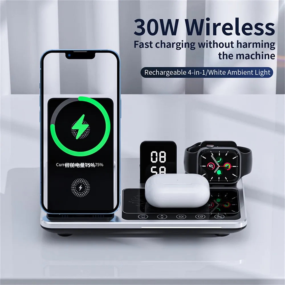 Alarm Clock Wireless Charger Stand 4 IN 1 Touch Control Charging Station