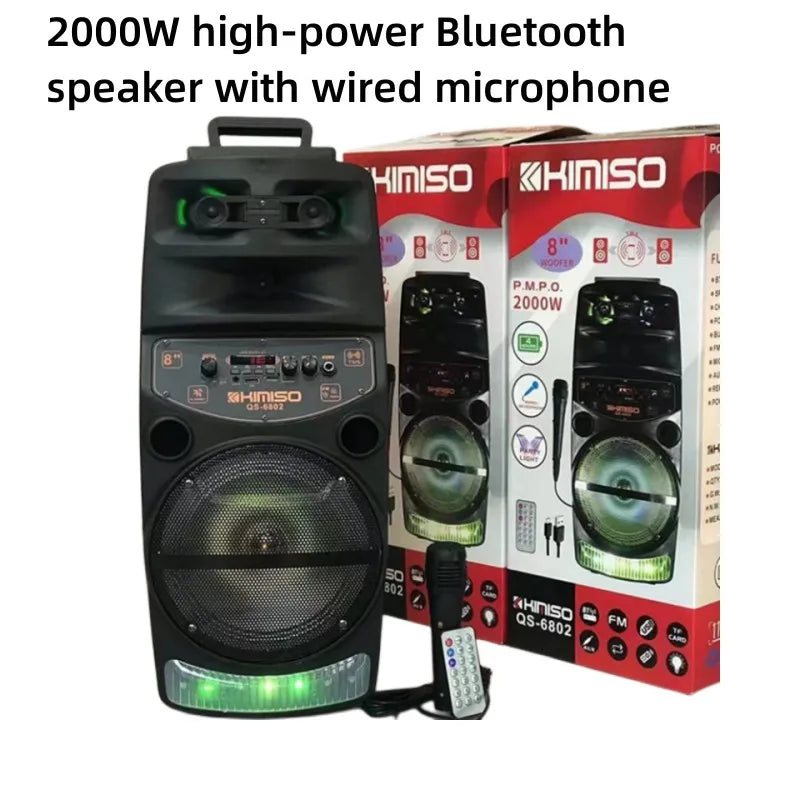 2000W High-power Outdoor Speaker LED Trolley Case Portable FM Radio Bluetooth Boombox with Wired Microphone