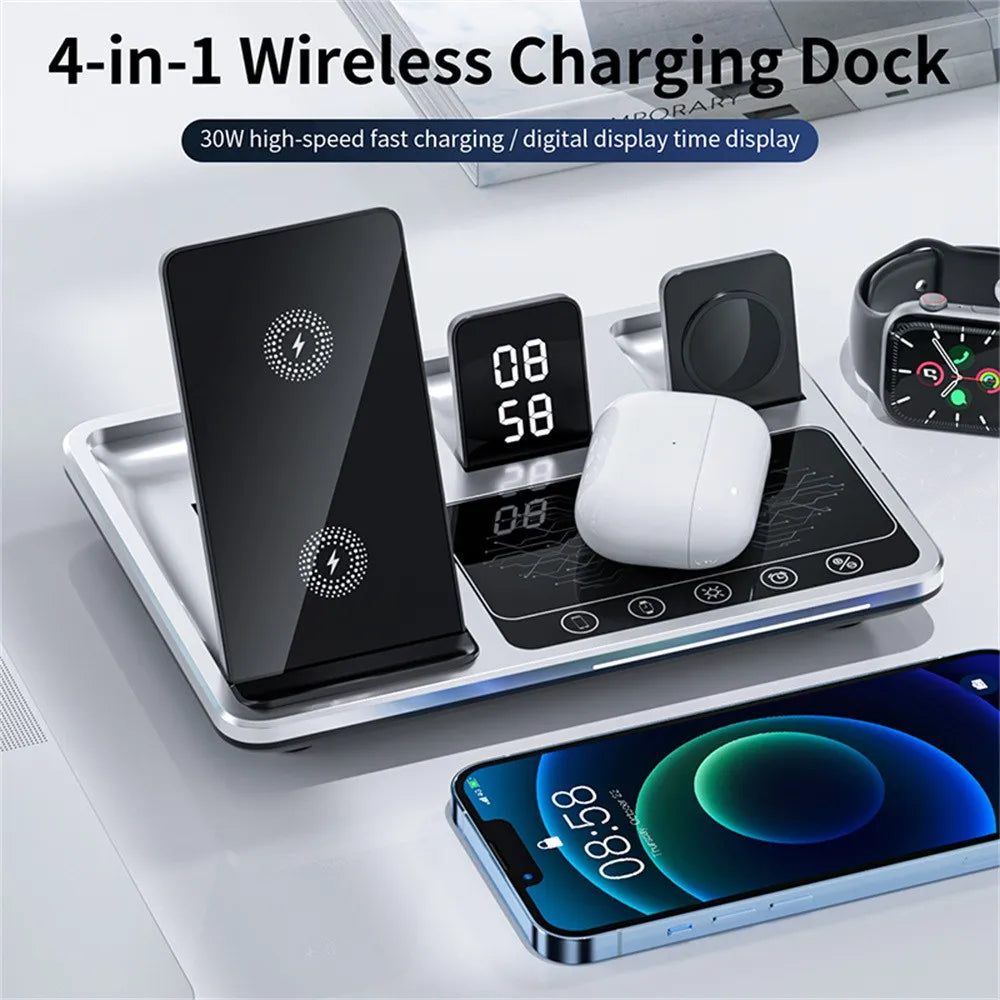 Alarm Clock Wireless Charger Stand 4 IN 1 Touch Control Charging Station